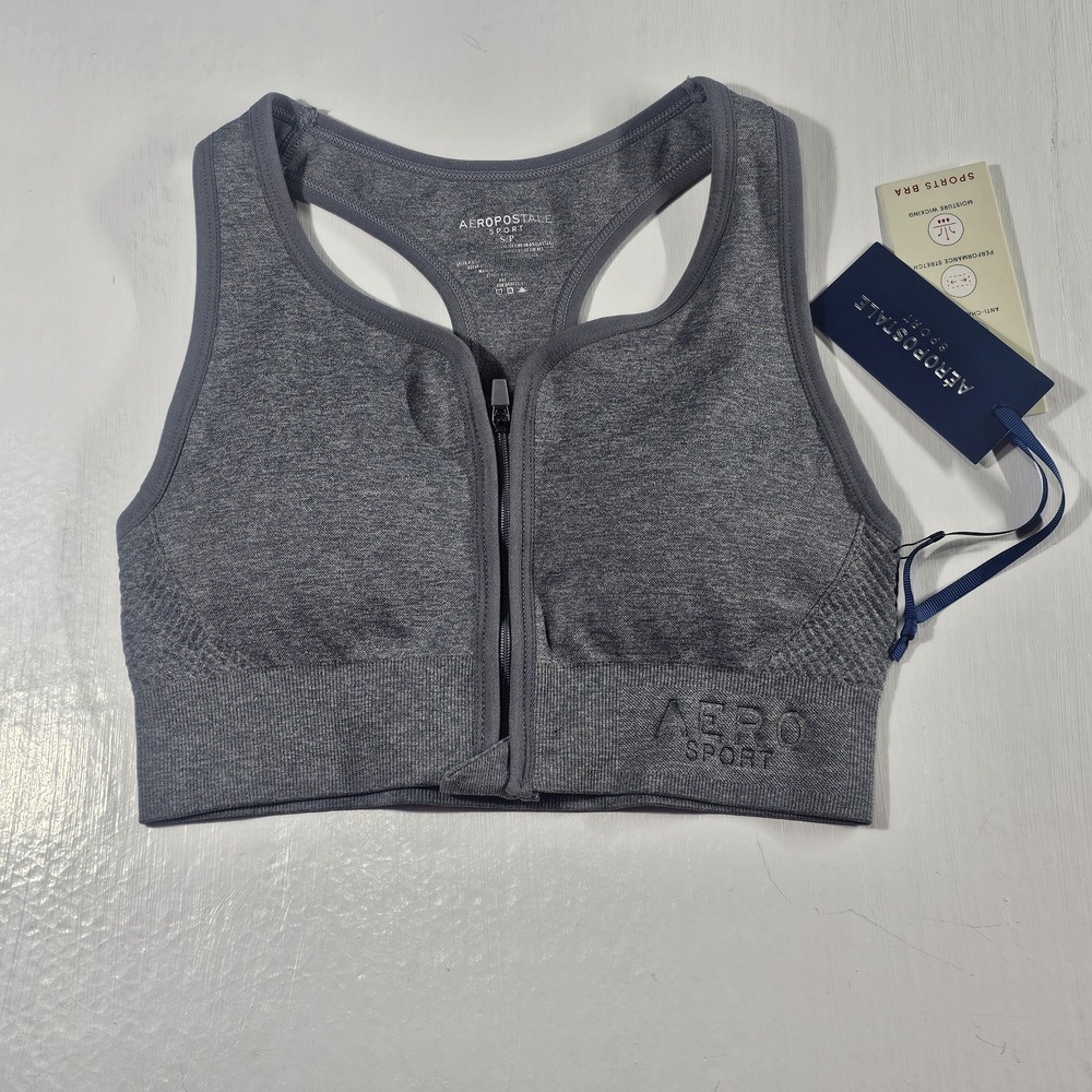 Aero Aeropostale Sport Workout Bra W/ Zipper Gray Size Small MSRP $36 NWT